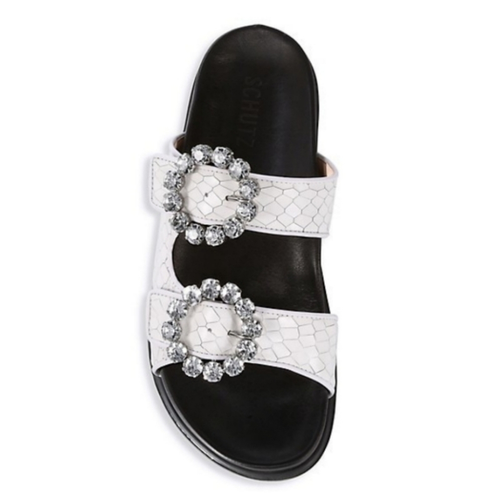 New Schutz Ariel Crystal Embellished Leather Snakeskin Embossed Slide Sandal